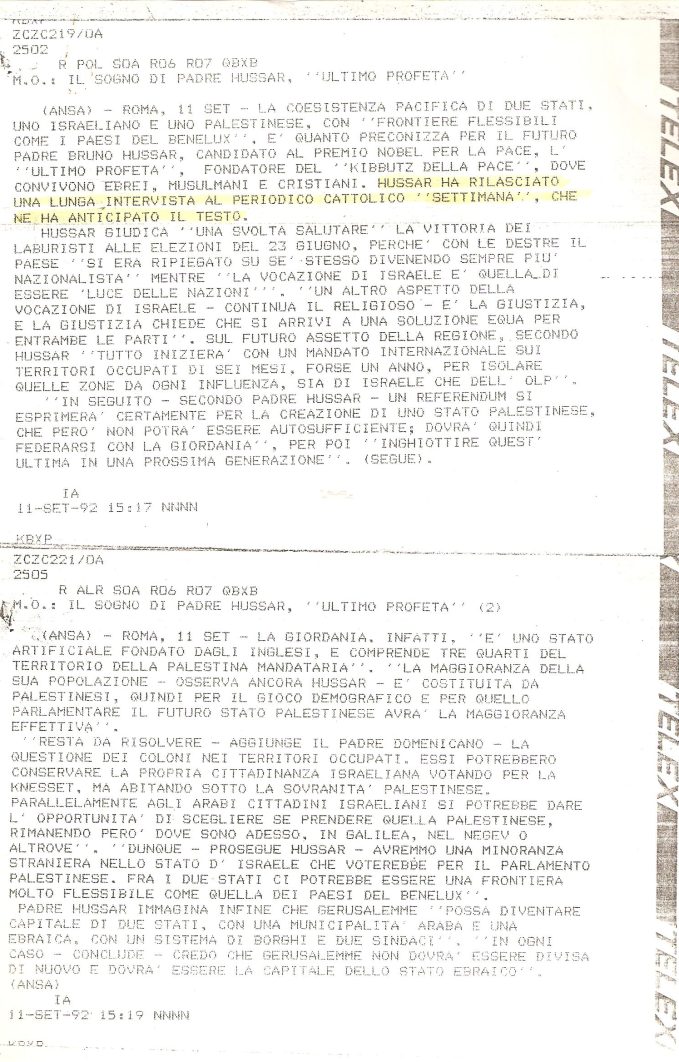 Medio Oriente. intervista p.Hussar. ANSA 11 09 92